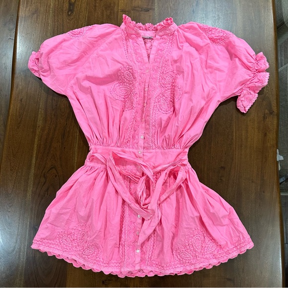 JULIET DUNN Poplin Ric Rac Embroidered Blouson Dress Boho Preppy Sz US 4/6